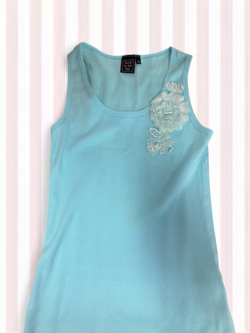 Suzie In The City Light Blue Tank with Lace Floral Applique